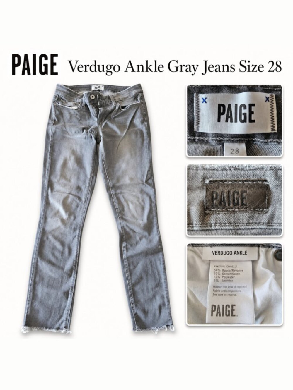 Paige Verdugo Ankle Jeans Grey Raw Hem Size 28